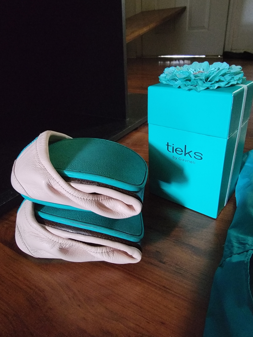 Tieks Foldable Ballet Flats in Light Pink with Teal Insoles
